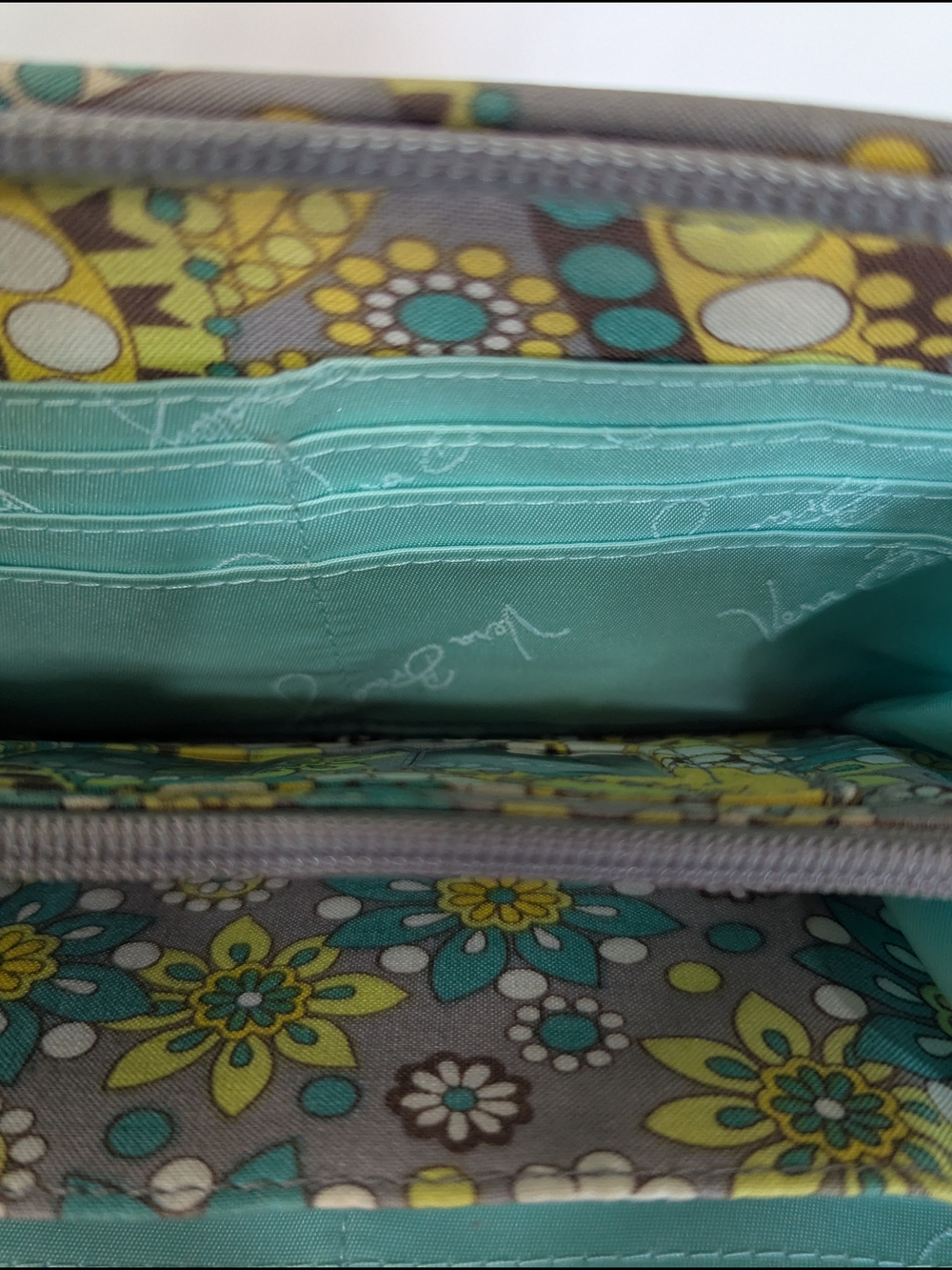 Vera Bradley Zip Around Wallet Paisley Floral Quilted Cotton Gray Yellow Blue - Picture 11 of 13